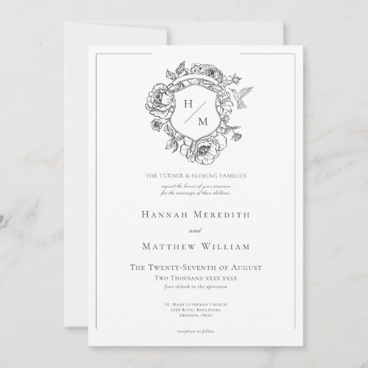 Elegante zwarte Chinoiserie Bird & Crest bruiloft Kaart (Voorkant)