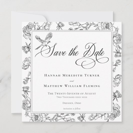 Elegante zwarte Chinoiserie Bird & Crest bruiloft Save The Date (Voorkant)