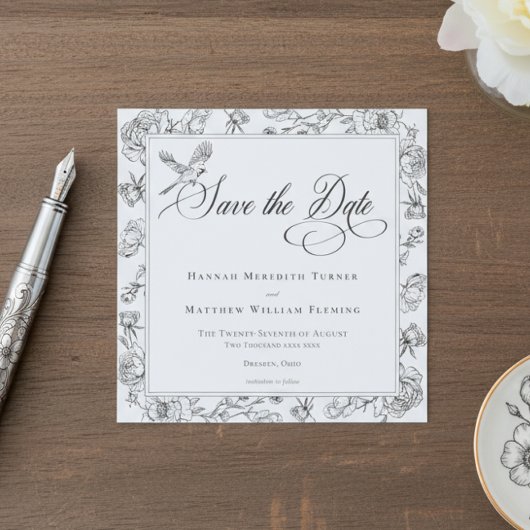 Elegante zwarte Chinoiserie Bird & Crest bruiloft Save The Date