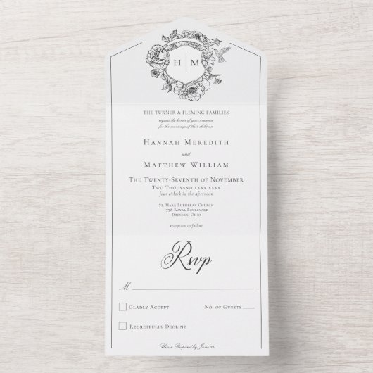 Elegante zwarte Chinoiserie Bird Crest Wedding All In One Uitnodiging (Binnen)