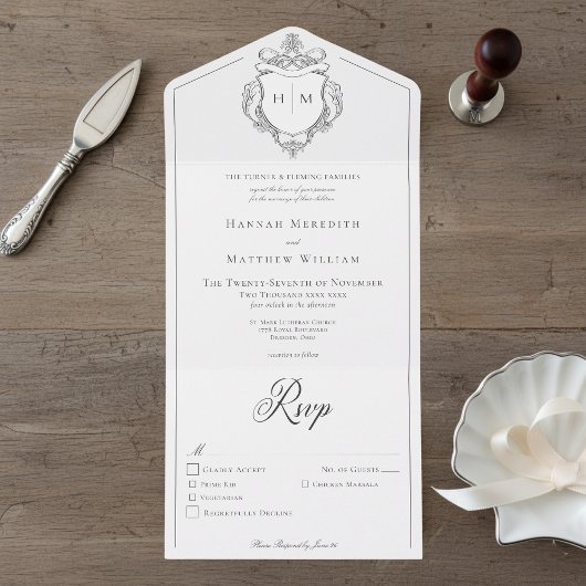 Elegante zwarte Chinoiserie Bird Crest Wedding All In One Uitnodiging