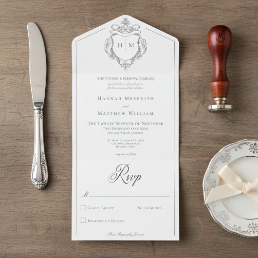 Elegante zwarte Chinoiserie Bird Crest Wedding All In One Uitnodiging