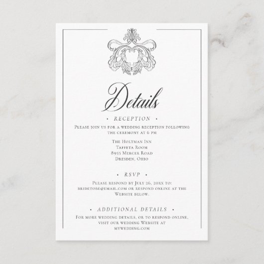 Elegante zwarte Chinoiserie Bird Crest Wedding Informatiekaartje (Voorkant)