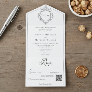 Elegante zwarte Chinoiserie Bird Crest Wedding QR All In One Uitnodiging