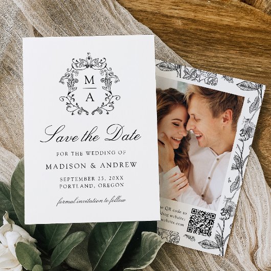 Elegante Zwarte Chinoiserie Bloem QR Code Trouwen Save The Date