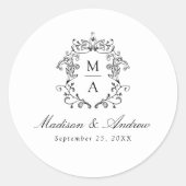 Elegante zwarte Chinoiserie Crest Monogram bruilof Ronde Sticker (Voorkant)