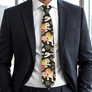 Elegante zwarte chinoiserie tijger en pioenpatroon stropdas