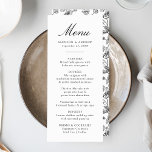 Elegante zwarte Chinoiserie Victoriaans bloemenbru Menu<br><div class="desc">Creëer een prachtige eetervaring met onze Elegant Black Chinoiserie Floral huwelijksmenu. Met elegante zwarte kalligrafie op een heldere witte achtergrond, biedt dit aanpasbare menu koppels de mogelijkheid om hun namen, trouwdatum en gepersonaliseerde menu-aanbiedingen toe te voegen. De achterkant toont een prachtig zwart-wit Chinoiserie-bloemmotief en voegt een tijdloze en verfijnde touch...</div>