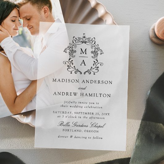 Elegante zwarte Chinoiserie Victoriaans bruiloft Vellum Uitnodigingen