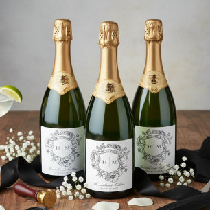 Elegante Zwarte Chinoiserie Vogel Kuif Bruiloft Sparkling Wijnetiket