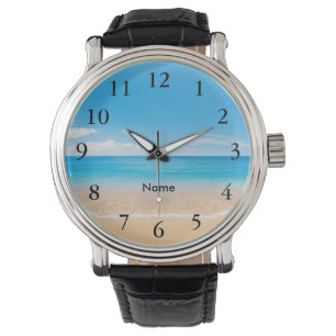 Elegante zwarte cijfers Aqua Beach Scene gepersona Horloge