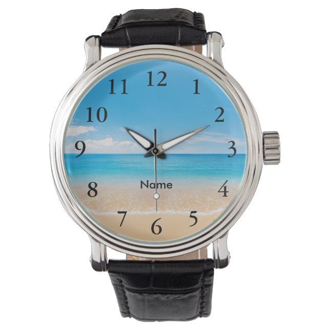 Elegante zwarte cijfers Aqua Beach Scene gepersona Horloge (Voorkant)