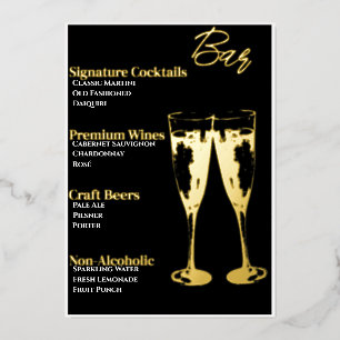 Elegante zwarte cocktailpartybarmenu met goudfolie folie feestdagenkaart