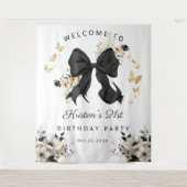 Elegante zwarte Coquette Bow Wildflowers Verjaarda Wandkleed (Voorkant)