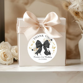 Elegante Zwarte Coquette Strik Wilde Bloemen Dank  Ronde Sticker