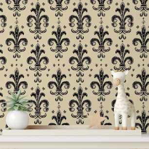 Elegante Zwarte Crème Fleur de Lis Peel and Stick Behang