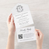 Elegante Zwarte Crest Chinoiserie Monogram Huwelij All In One Uitnodiging (Afscheurbaar)