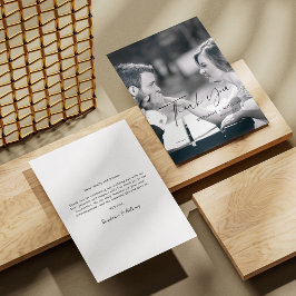 Elegante zwarte cursieve foto bruiloft dank u kaar bedankkaart