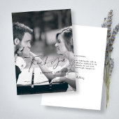 Elegante zwarte cursieve foto bruiloft dank u kaar bedankkaart