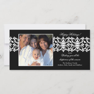 Elegante zwarte Damask Lace Christmas Photo Card Feestdagenkaart