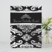 Elegante zwarte Damask Quinceanera Kaart (Staand voorkant)