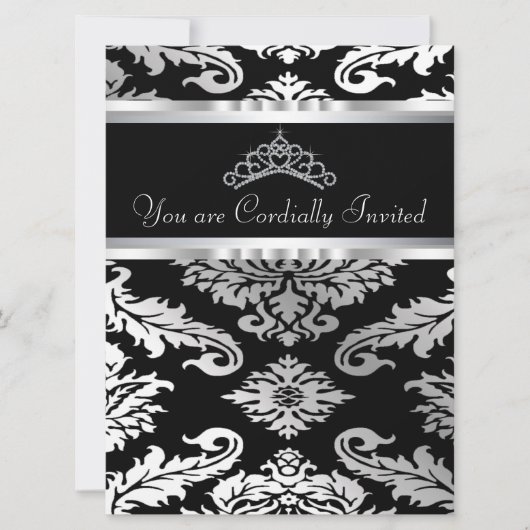 Elegante zwarte Damask Quinceanera Kaart (Voorkant)
