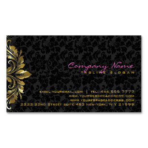 Elegante zwarte damasks gouden bloemenkant 2 visitekaartje magneet