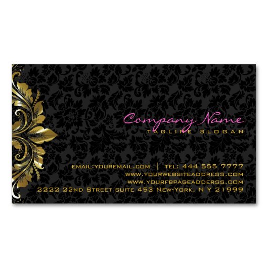 Elegante zwarte damasks gouden bloemenkant 2 visitekaartje magneet (Voorkant)