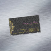 Elegante zwarte damasks gouden bloemenkant 2 visitekaartje magneet (Voorbeeld)