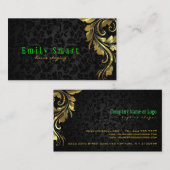 Elegante zwarte damasks gouden bloemenkant 4 visitekaartje (Voorkant / Achterkant)