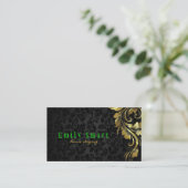 Elegante zwarte damasks gouden bloemenkant 4 visitekaartje (Staand voorkant)