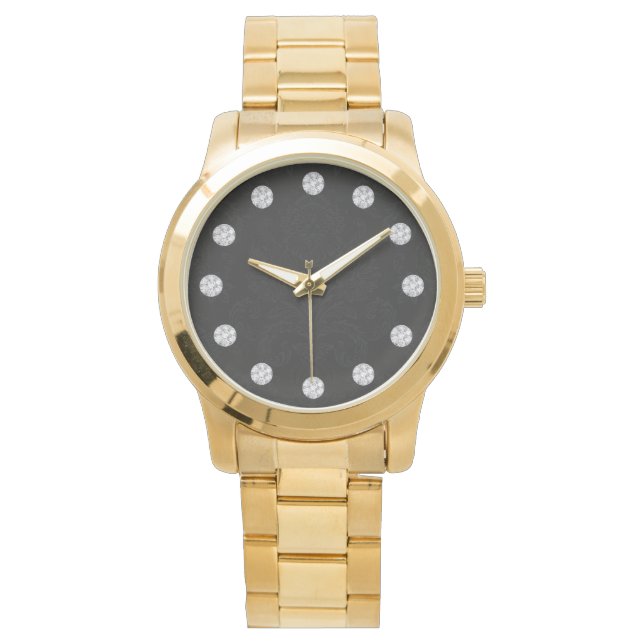 Elegante zwarte damast en diamant horloge (Voorkant)