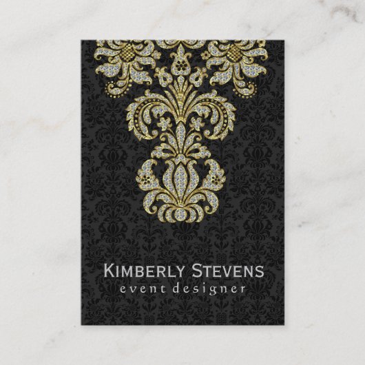 Elegante zwarte damast en diamanten glitter visitekaartje (Voorkant)
