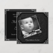 Elegante Zwarte Damast Fotogeboorte Aankondiging (Voorkant / Achterkant)