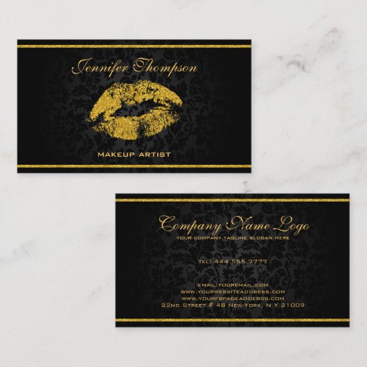 Elegante zwarte damast gouden lippen visitekaartje (Voorkant / Achterkant)