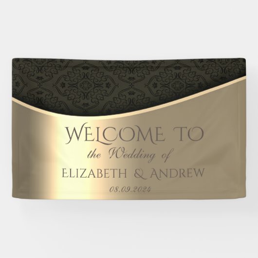Elegante Zwarte Damast Gouden Trouwbanner Spandoek (Horizontaal)