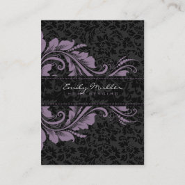 Elegante zwarte damast & Paarse bloemige Ornament Visitekaartje
