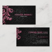 Elegante zwarte damast roze bloemenwerveling visitekaartje (Voorkant / Achterkant)