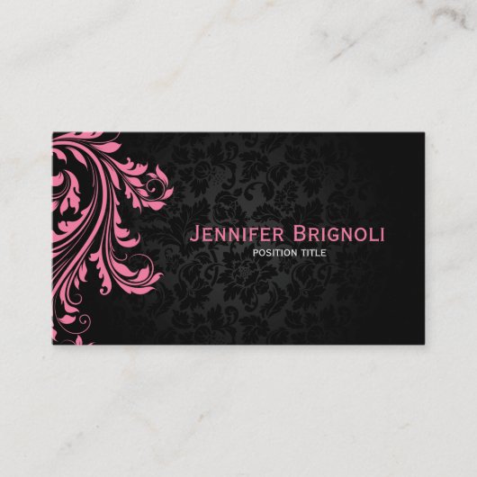 Elegante zwarte damast roze bloemenwerveling visitekaartje (Voorkant)