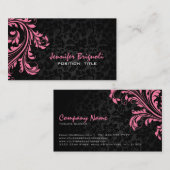 Elegante zwarte damast roze bloemenwerveling visitekaartje (Voorkant / Achterkant)