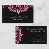 Elegante zwarte damast roze bloemenwervelingen visitekaartje (Voorkant / Achterkant)