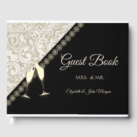 Elegante zwarte, damasten gastenboek (Voorkant)