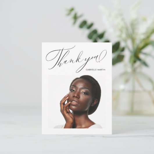 Elegante Zwarte Dankjewel Script Foto Afstuderen Briefkaart (Staand voorkant)
