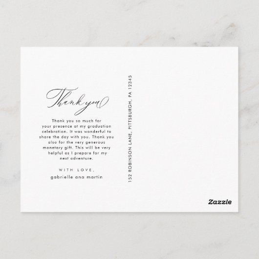 Elegante Zwarte Dankjewel Script Foto Afstuderen Briefkaart (Achterkant)