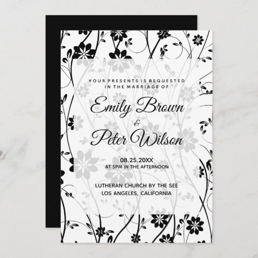 Elegante Zwarte Delicate Bloemen Bruiloft Kaart (Voorkant / Achterkant)