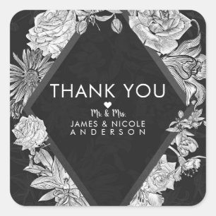 Elegante Zwarte Diamant Vintage Bloemen Trouwfeest Vierkante Sticker