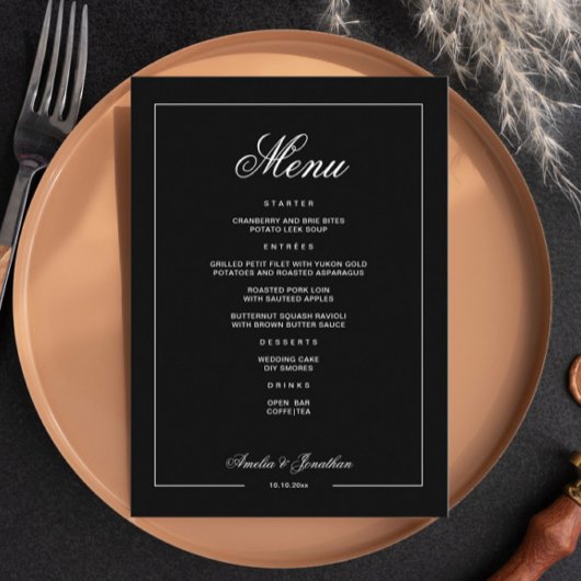Elegante zwarte donkere romantische winter bruilof menu