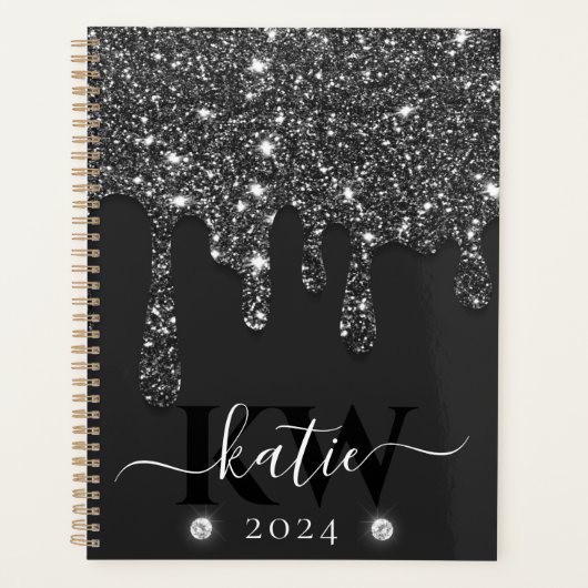 Elegante Zwarte Drip Glitter Monogram Planner (Voorkant)