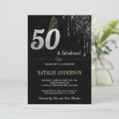 Elegante zwarte druppels zilveren glitter 50ste kaart (Staand voorkant)