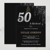 Elegante zwarte druppels zilveren glitter 50ste kaart (Voorkant / Achterkant)